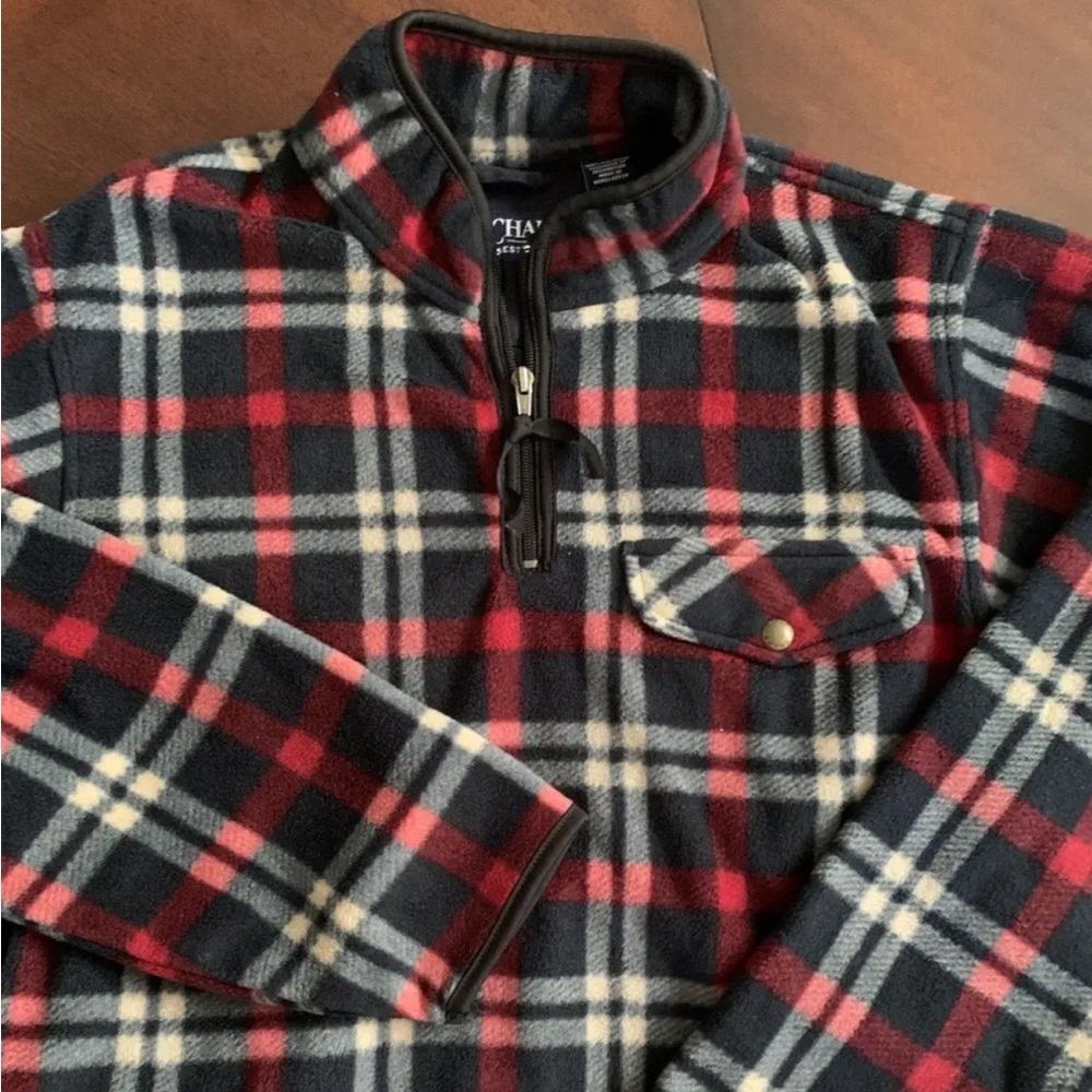 CHAPS 1/4 Zip Plaid Pullover Fleece Navy Blue Red Cabincore Shirt Medium